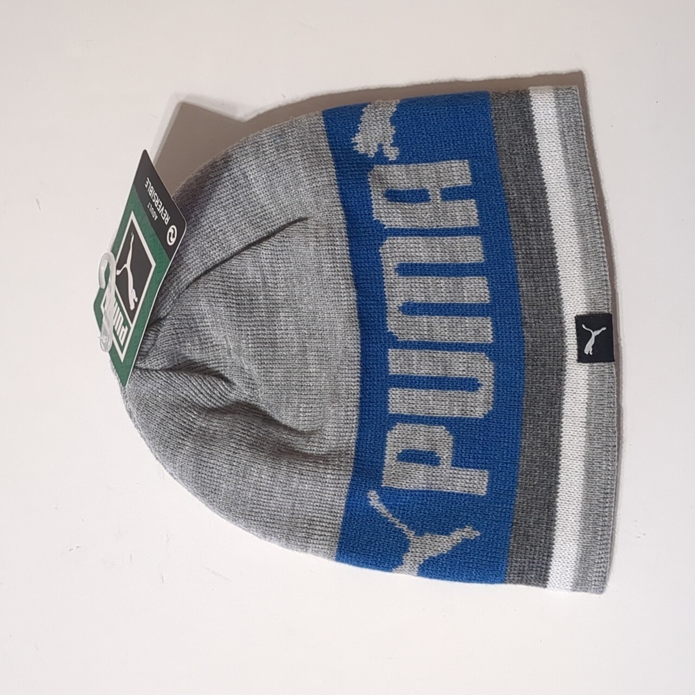 NWT PUMA AUTHENTIC  GRAY Blue REVERSIBLE ONE SIZE STRETCH BEANIE